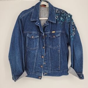 RUSTLER vintage blue denim jacket embroidered floral design size large